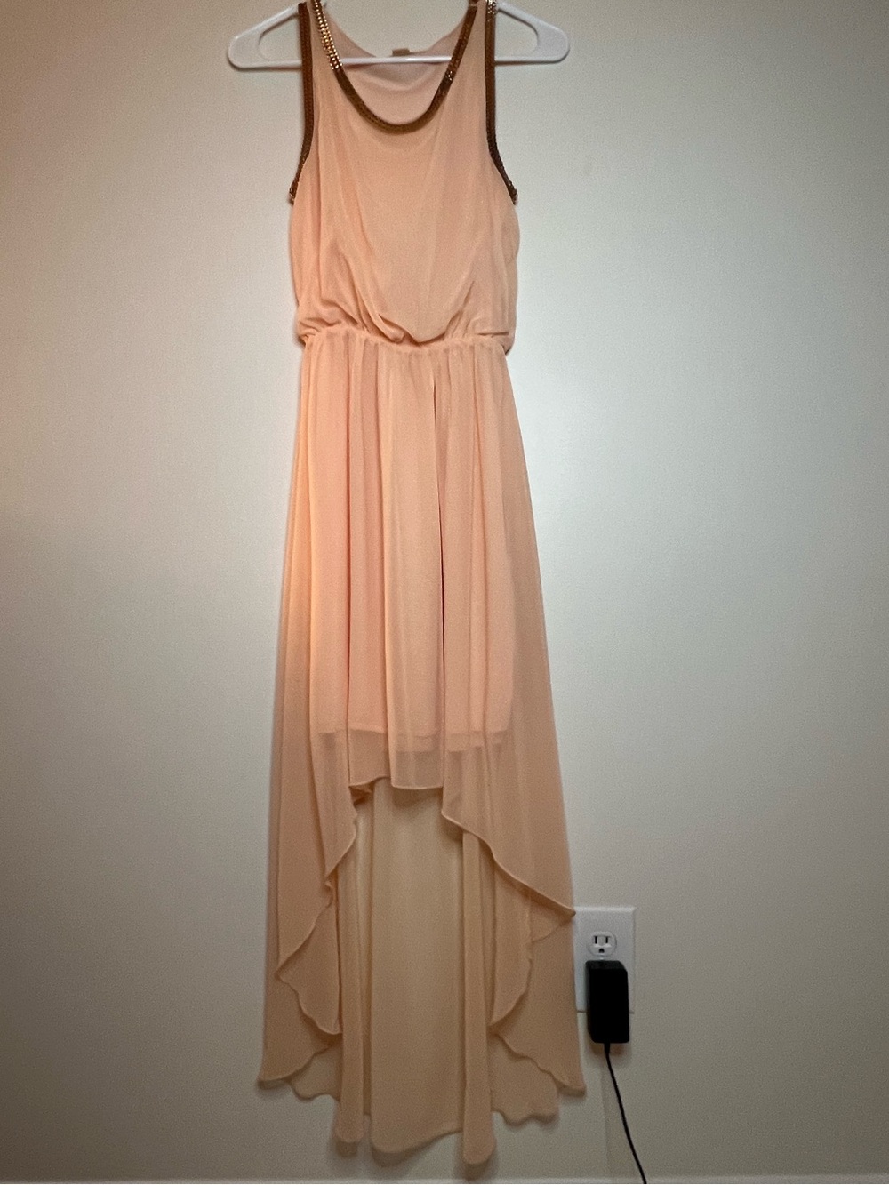 Double Zero Peach Hi-Low Chiffon Dress with Chain Accent